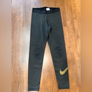 Nike Pro Womens L Training Tights Black Metallic Gold Shimmer Sparkle Swoosh